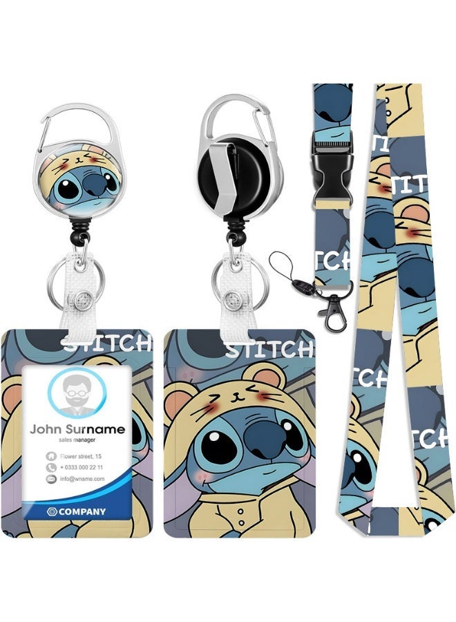 Disney 3-in-1 Disney Blue Stitch Logo Plastic ID Holder with Lanyard, Retractable ID Roller, Keychain, and Extension Chain - Suitable for workers, students, bus drivers, doctors, nurses, etc. - Image 1